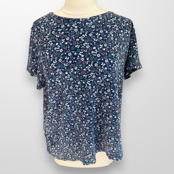Laura Scott Tops - Laura Scott Woman Size 1X Top Shirt Blue Pink Floral Short Sleeve Stretch